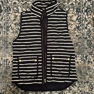J Crew, navy and white striped puffer vest.